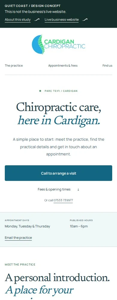 Mobile view of the Quiet Coast cardigan chiropractic concept