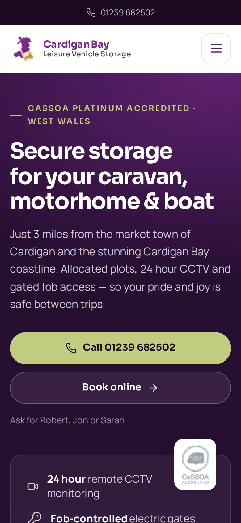The Cardigan Bay Leisure Vehicle Storage demo website on a phone, with a purple hero, a call button and a Book online button