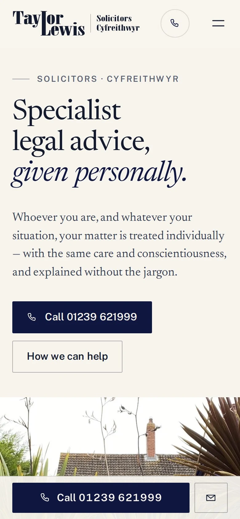 The Taylor Lewis Solicitors beta website on a phone, with the serif headline and a call button